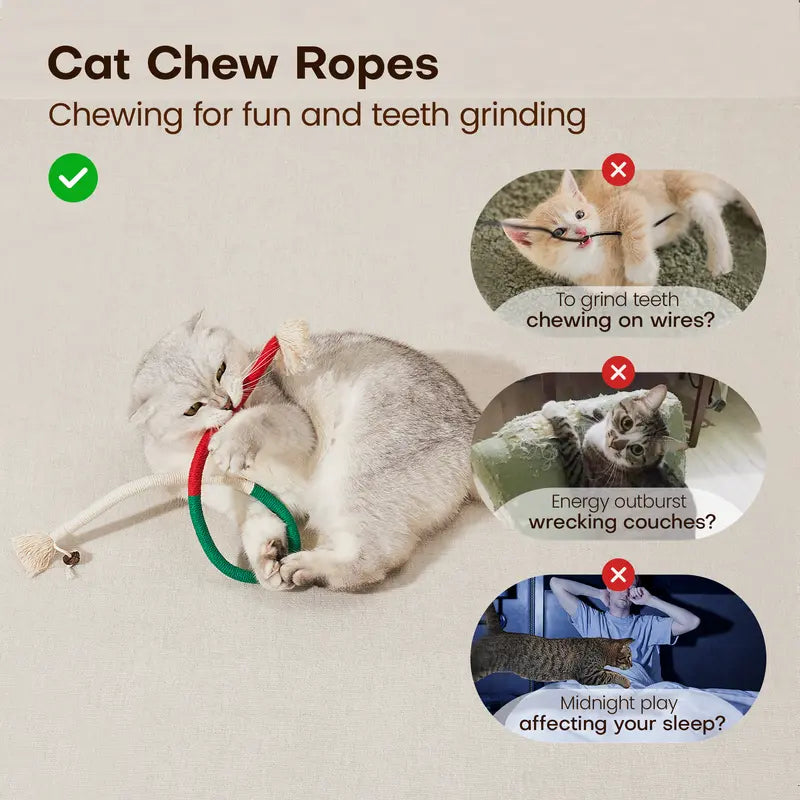 Potaroma 3-Pack Variety Organic Cotton Rope Cat Chew Toys - Snake-Like Shapes, Safe Teeth Cleaning & Dental Care, Indoor Play & Healthy Exercise for Kittens, Breath Freshness & Calming Interactive Toy