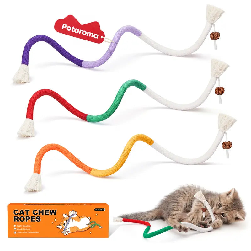 Potaroma 3-Pack Variety Organic Cotton Rope Cat Chew Toys - Snake-Like Shapes, Safe Teeth Cleaning & Dental Care, Indoor Play & Healthy Exercise for Kittens, Breath Freshness & Calming Interactive Toy