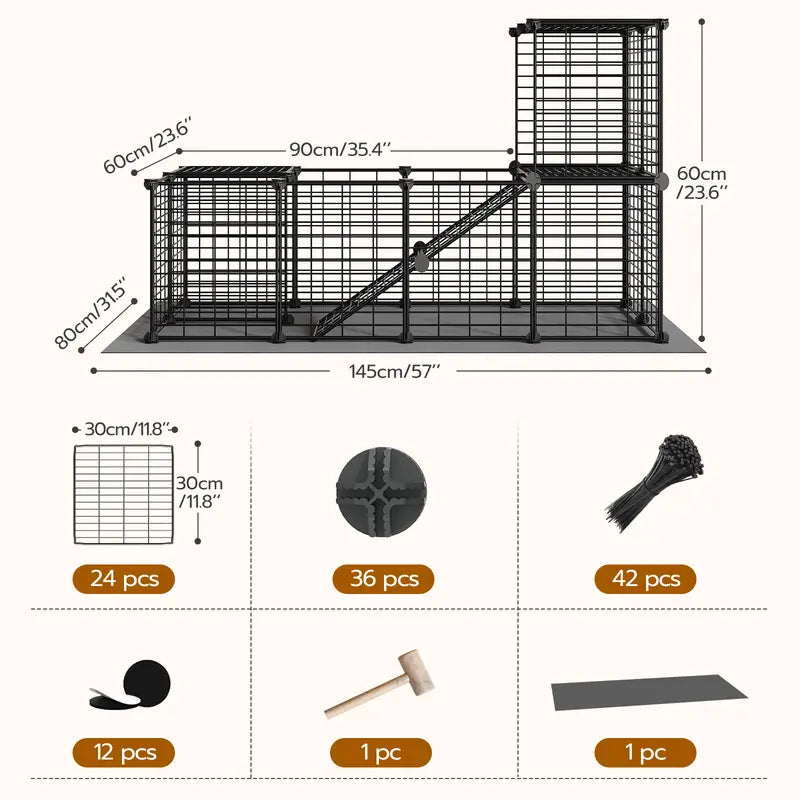 HOOBRO 24-Panel Metal Mesh Small Animal Playpen - Hamster Cage Habitat, 57X31.5X23.6In Black, 57" Zone Space, 2.8" Safe Mesh Gaps, Waterproof Mat, Easy Assembly with Mallet, Stain-Resistant Indoor-Outdoor Fence for Guinea Pig,Baby Chicken