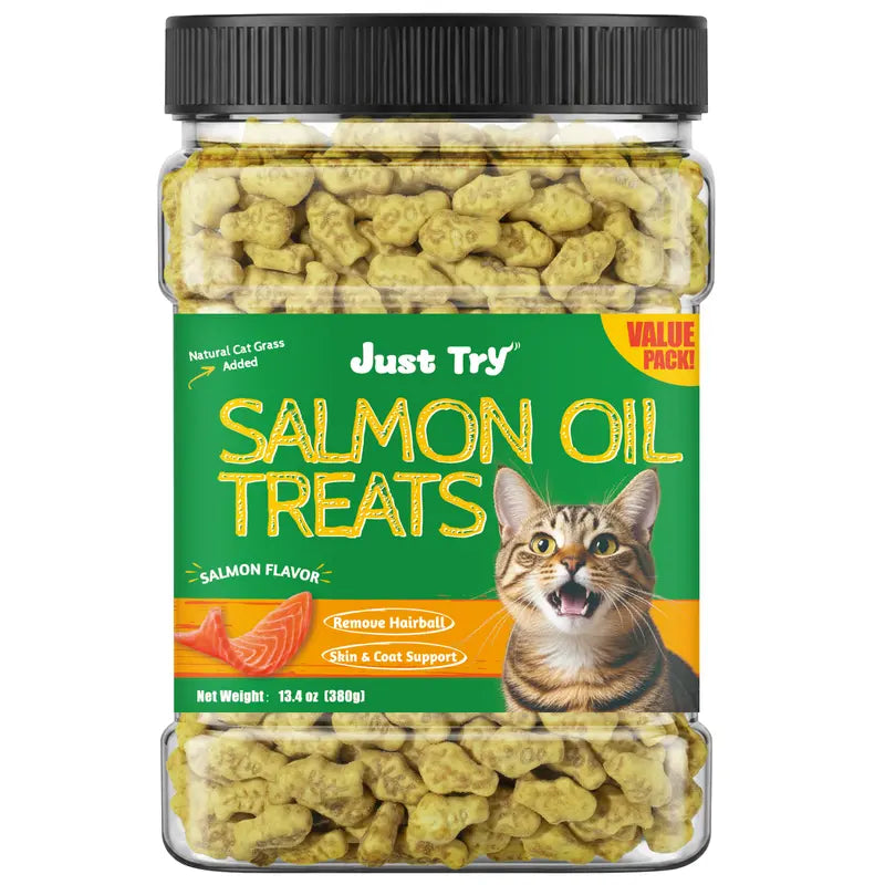 JUST TRY Feline Grass Treats Salmon Flavor Hairball Control Support, Crunchy Snacks, Cat Grass Treats for Indoor Cats 14.1 OZ #Sohochic