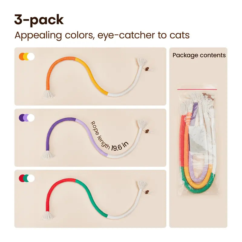 Potaroma 3-Pack Variety Organic Cotton Rope Cat Chew Toys - Snake-Like Shapes, Safe Teeth Cleaning & Dental Care, Indoor Play & Healthy Exercise for Kittens, Breath Freshness & Calming Interactive Toy