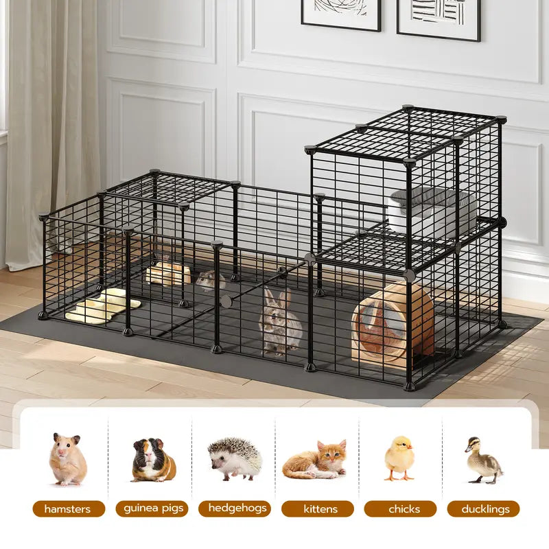 HOOBRO 24-Panel Metal Mesh Small Animal Playpen - Hamster Cage Habitat, 57X31.5X23.6In Black, 57" Zone Space, 2.8" Safe Mesh Gaps, Waterproof Mat, Easy Assembly with Mallet, Stain-Resistant Indoor-Outdoor Fence for Guinea Pig,Baby Chicken