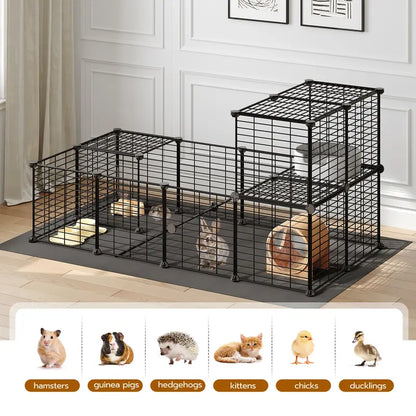 HOOBRO 24-Panel Metal Mesh Small Animal Playpen - Hamster Cage Habitat, 57X31.5X23.6In Black, 57" Zone Space, 2.8" Safe Mesh Gaps, Waterproof Mat, Easy Assembly with Mallet, Stain-Resistant Indoor-Outdoor Fence for Guinea Pig,Baby Chicken