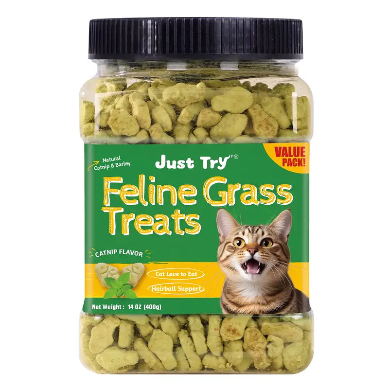 JUST TRY Feline Grass Treats Salmon Flavor Hairball Control Support, Crunchy Snacks, Cat Grass Treats for Indoor Cats 14.1 OZ #Sohochic