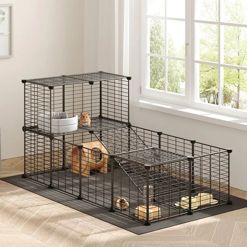 HOOBRO 24-Panel Metal Mesh Small Animal Playpen - Hamster Cage Habitat, 57X31.5X23.6In Black, 57" Zone Space, 2.8" Safe Mesh Gaps, Waterproof Mat, Easy Assembly with Mallet, Stain-Resistant Indoor-Outdoor Fence for Guinea Pig,Baby Chicken