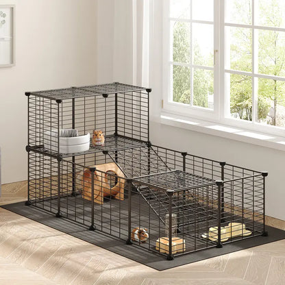 HOOBRO 24-Panel Metal Mesh Small Animal Playpen - Hamster Cage Habitat, 57X31.5X23.6In Black, 57" Zone Space, 2.8" Safe Mesh Gaps, Waterproof Mat, Easy Assembly with Mallet, Stain-Resistant Indoor-Outdoor Fence for Guinea Pig,Baby Chicken