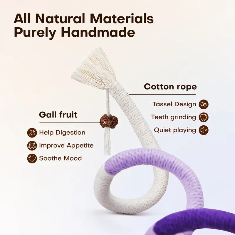 Potaroma 3-Pack Variety Organic Cotton Rope Cat Chew Toys - Snake-Like Shapes, Safe Teeth Cleaning & Dental Care, Indoor Play & Healthy Exercise for Kittens, Breath Freshness & Calming Interactive Toy