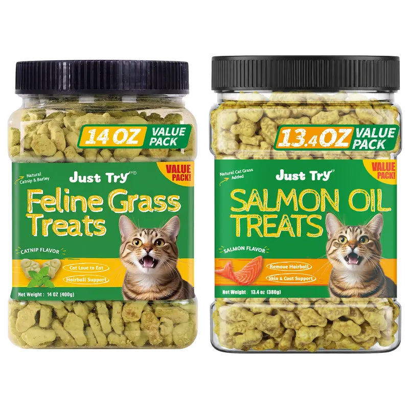JUST TRY Feline Grass Treats Salmon Flavor Hairball Control Support, Crunchy Snacks, Cat Grass Treats for Indoor Cats 14.1 OZ #Sohochic