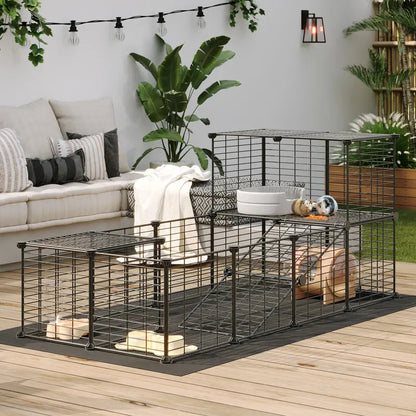 HOOBRO 24-Panel Metal Mesh Small Animal Playpen - Hamster Cage Habitat, 57X31.5X23.6In Black, 57" Zone Space, 2.8" Safe Mesh Gaps, Waterproof Mat, Easy Assembly with Mallet, Stain-Resistant Indoor-Outdoor Fence for Guinea Pig,Baby Chicken