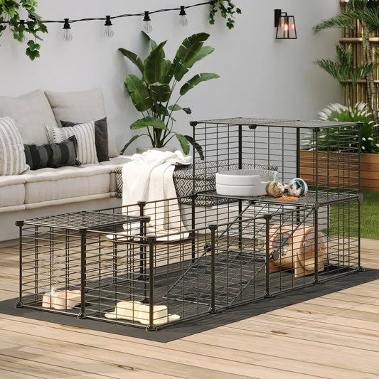 HOOBRO 24-Panel Metal Mesh Small Animal Playpen - Hamster Cage Habitat, 57X31.5X23.6In Black, 57" Zone Space, 2.8" Safe Mesh Gaps, Waterproof Mat, Easy Assembly with Mallet, Stain-Resistant Indoor-Outdoor Fence for Guinea Pig,Baby Chicken