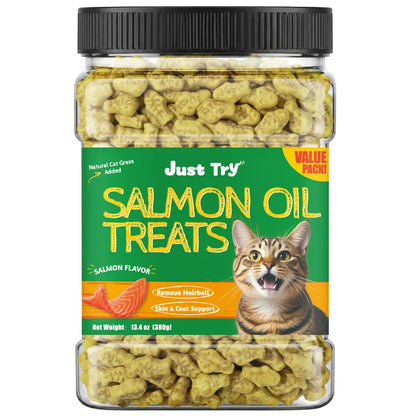 JUST TRY Feline Grass Treats Salmon Flavor Hairball Control Support, Crunchy Snacks, Cat Grass Treats for Indoor Cats 14.1 OZ #Sohochic