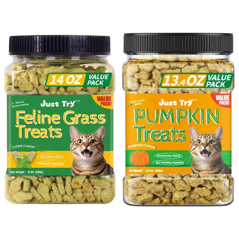 JUST TRY Feline Grass Treats Salmon Flavor Hairball Control Support, Crunchy Snacks, Cat Grass Treats for Indoor Cats 14.1 OZ #Sohochic
