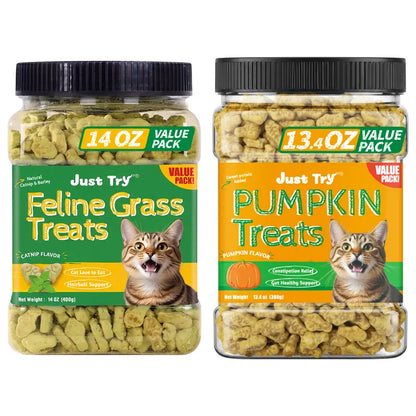 JUST TRY Feline Grass Treats Salmon Flavor Hairball Control Support, Crunchy Snacks, Cat Grass Treats for Indoor Cats 14.1 OZ #Sohochic
